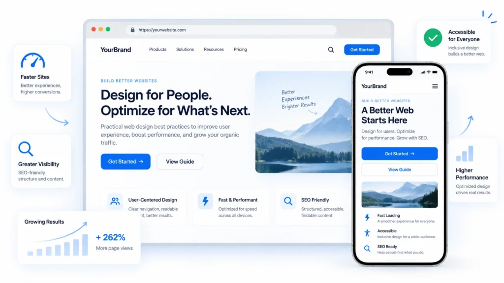 Illustration showing web design best practices including responsive design, accessibility, website speed, SEO and clear calls to action