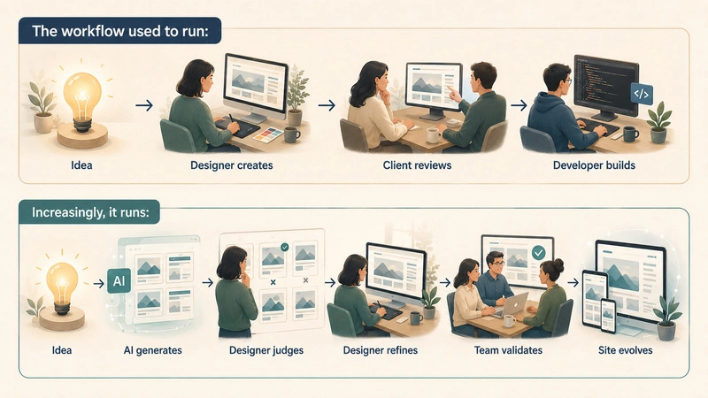 Traditional vs AI-assisted web design workflow, from idea and creation to AI generation, designer refinement and team validation.